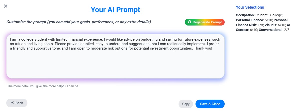 AI prompt customization interface