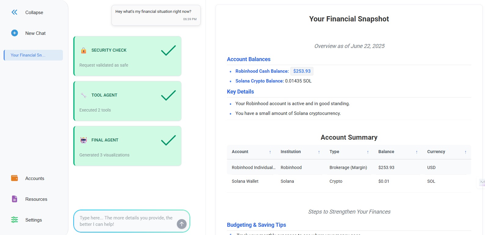 Financial snapshot dashboard with account balances