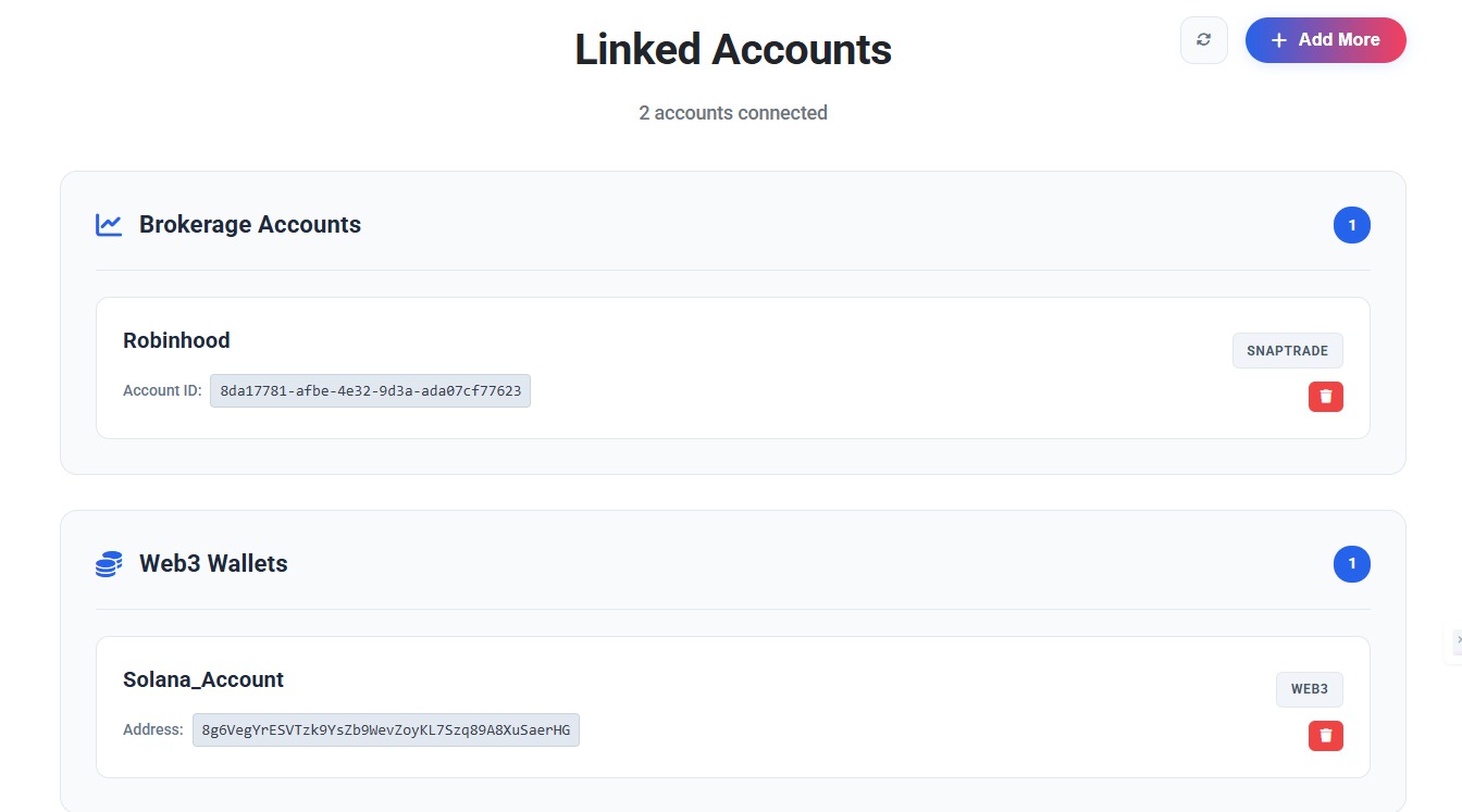 Connected accounts showing brokerage and crypto wallets